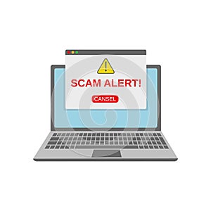 Scam alert red message on browser window. Scam sign label isolated on screen computer.