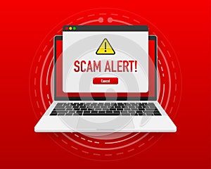 Scam alert red message on browser window. Scam sign label isolated on screen computer. Vector illustration.