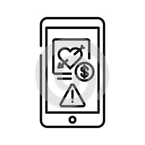 Scam dating on smartphone screen black line icon. Internet criminal, deception,fraud element. Sign for web page, mobile app. UI UX