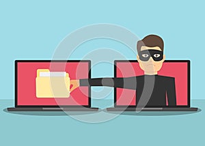 Scam. The Internet scammer wants to steal personal data. A man with a hand wants to steal information from a laptop.