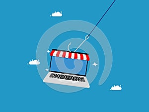 Scam selling products online. Laptops for shopping online are on the hook. vector