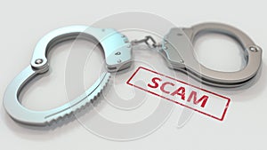 SCAM stamp and handcuffs. Crime and punishment related conceptual 3D rendering