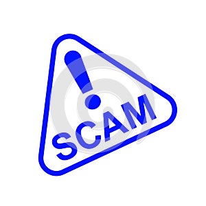 Scam triangle sign blue for icon isolated on white, scam warning sign graphic for spam email message and error virus, scam alert