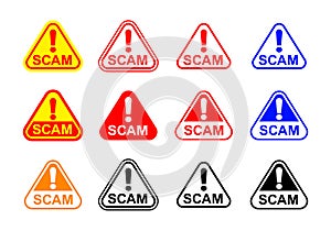 Scam triangle sign label isolated on white, scam warning sign graphic for spam email message and error virus, scam alert icon