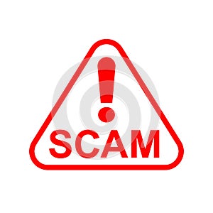 Scam triangle sign red for icon isolated on white, scam warning sign graphic for spam email message and error virus, scam alert