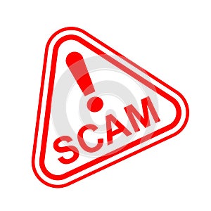 Scam triangle sign red for icon isolated on white, scam warning sign graphic for spam email message and error virus, scam alert photo