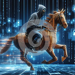 Scammer riding a wooden Trojan horse in digital matrix cyber security space