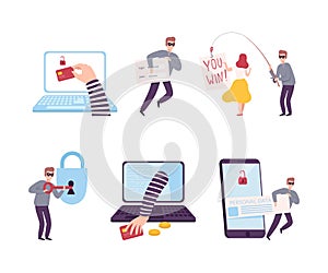 Scammer stealing personal privacy data and money from smartphone and computer set. Internet phishing, fraud cartoon