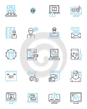 Scammers linear icons set. Deceptive, Fraudulent, Con artists, Imposters, Impersonators, Cheaters, Swindlers line vector photo