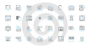 Scammers linear icons set. Deceptive, Fraudulent, Con artists, Imposters, Impersonators, Cheaters, Swindlers line vector photo