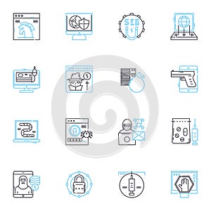 Scammers linear icons set. Deceptive, Fraudulent, Con artists, Imposters, Impersonators, Cheaters, Swindlers line vector photo