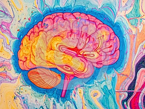 A scan of the brain from an MRI machine, with psychedelics forms and colors