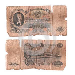 Scan of a dilapidated second-hand Soviet USSR banknote of 1947 with a denomination of 100 rubles