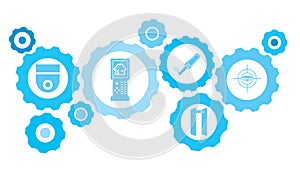 Scan eye, security gear blue icon set. Abstract background with connected gears and icons for logistic, service, shipping,