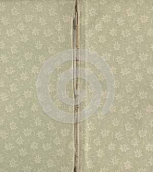 Scan the flyleaf of an old book, green-gray-brown, with dense and intricate floral pattern.