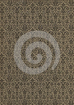 Scan the flyleaf of an old book, yellow-gray-brown, with dense and intricate floral pattern.