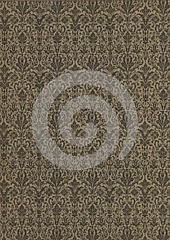 Scan the flyleaf of an old book, yellow-gray-brown, with dense and intricate floral pattern. photo