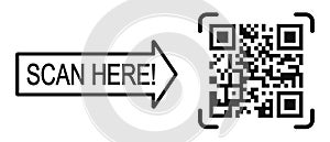 Scan here template with QR code pictogram. Quick responce matrix barcode readable by smartphone camera. Digital lebel