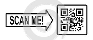 Scan me concept. QR code icon in square frame with pointing arrow. Template of quick responce matrix barcode. Mobile