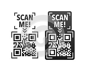 Scan me icon with QR code. Inscription scan me. QR code label.