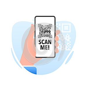 Scan me icon with QR code. Inscription scan me. QR code label.