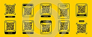 Scan me QR code design. QR code for payment, text transfer with scan me button. Vector illustration