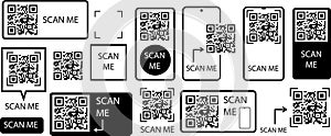 Scan me. QR code icon frame set for mobile and web. Black and white