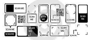 Scan me. QR code icon frame set for mobile and web.