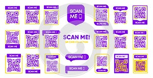 Scan Me. QR code scan for smartphone. Qr code set. QR code for mobile app, payment and phone. Vector illustration.