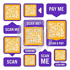 Scan me QR code sticker. Online payment. Special offer sale stickers, shopping discount label or promotional badge