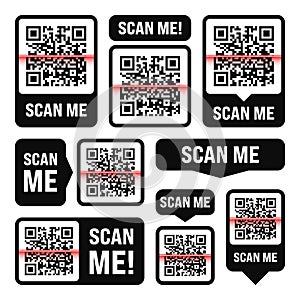 Scan me QR code sticker. Online payment. Special offer sale stickers, shopping discount label or promotional badge