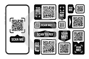 Scan me QR code sticker. Online payment. Special offer sale stickers, shopping discount label or promotional badge