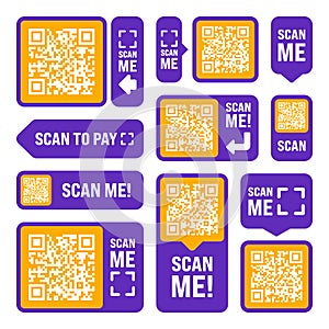 Scan me QR code sticker. Online payment. Special offer sale stickers, shopping discount label or promotional badge