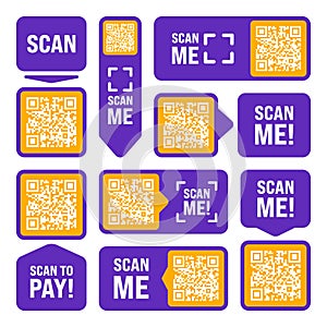 Scan me QR code sticker. Online payment. Special offer sale stickers, shopping discount label or promotional badge