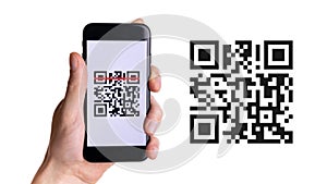 Scan pay. Hand holding mobile smartphone screen for payment pay, scan barcode technology with qr code scanner on digital