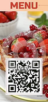 Scan QR code for contactless menu. Delicious Belgian waffles with berries and honey, closeup