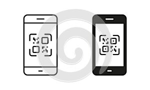 Scan QR Code on Smartphone Line and Silhouette Icon Set. Payment Scanner in Mobile Phone Pictogram. Square Barcode App