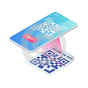 Scan QR code on smartphone screen. 3d Scanning barcode concept, QR pay isometric vector. Online contactless payment with