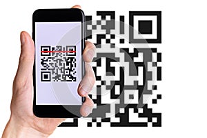 Scan qrcode. Hand holding digital mobile smart phone with qr code scanner on smartphone screen for payment, online pay