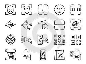 Scan to pay line icon set. Included icons as face id, scanner, qr code, barcode, shopping and more.