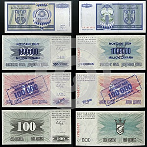 Scanarray four banknotes dinars people's Bank of Bosnia and Herzegovina of 1992 photo