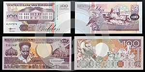 Scanarray two banknotes of the Central Bank of Suriname hundred guilders sample 1986 and 1998.