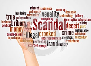 Scandal word cloud and hand with marker concept