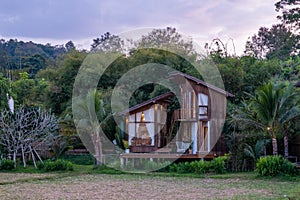 Scandanavian styl cottage in Northern Thailand Nan Province looking out over the rice paddies in Thailand, green rice