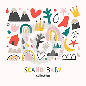 Scandi baby collection, scandinavian abstract shapes set, doodle hand drawn illustrations of rainbow, mountain, isolated