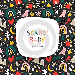 Scandi baby template with copy space, abstract doodle shape illustration, vector background with place for your text