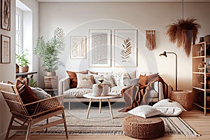 scandi-boho living room with minimalist furniture and warm, natural textures