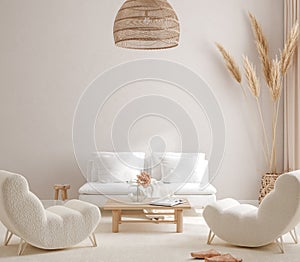 Scandi-Boho style living room interior, wall mockup