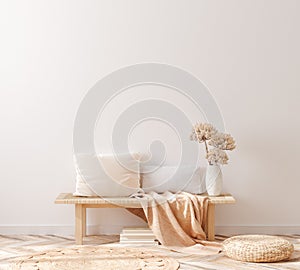 Scandi-Boho style living room interior, wall mockup photo