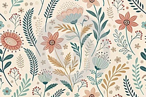scandi folk art flowes botanicals seamless pattern in muted pastel colors on beige background seamless pattern - generated by ai photo